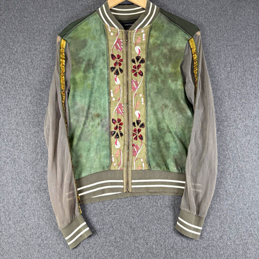 Green House Womens Small Green Floral Embroidered Mesh Sleeve Bomber Jacket READ